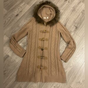 Esprit Classic Brown Fall Long Sweater with faux fur hood .